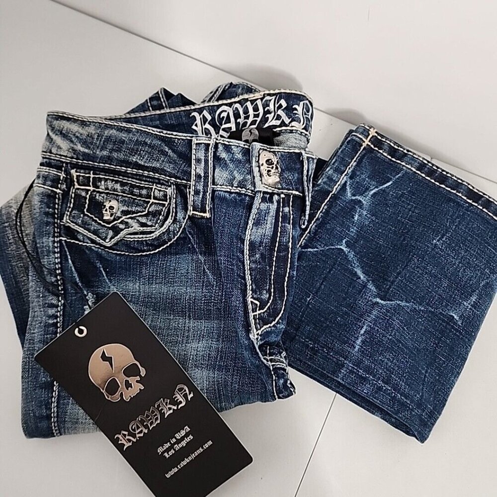 New RAWKN Jeans Size 25 Skull And Lightning RARE Los Angeles USA Made Womens